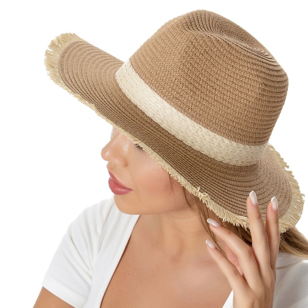 Tan Straw Fedora Hat Dual Toned Distressed Raw Edges Trendy Look NWT